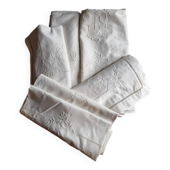 Antique hand embroidered linen 1 sheet 2 pillowcases 1 bolster cover