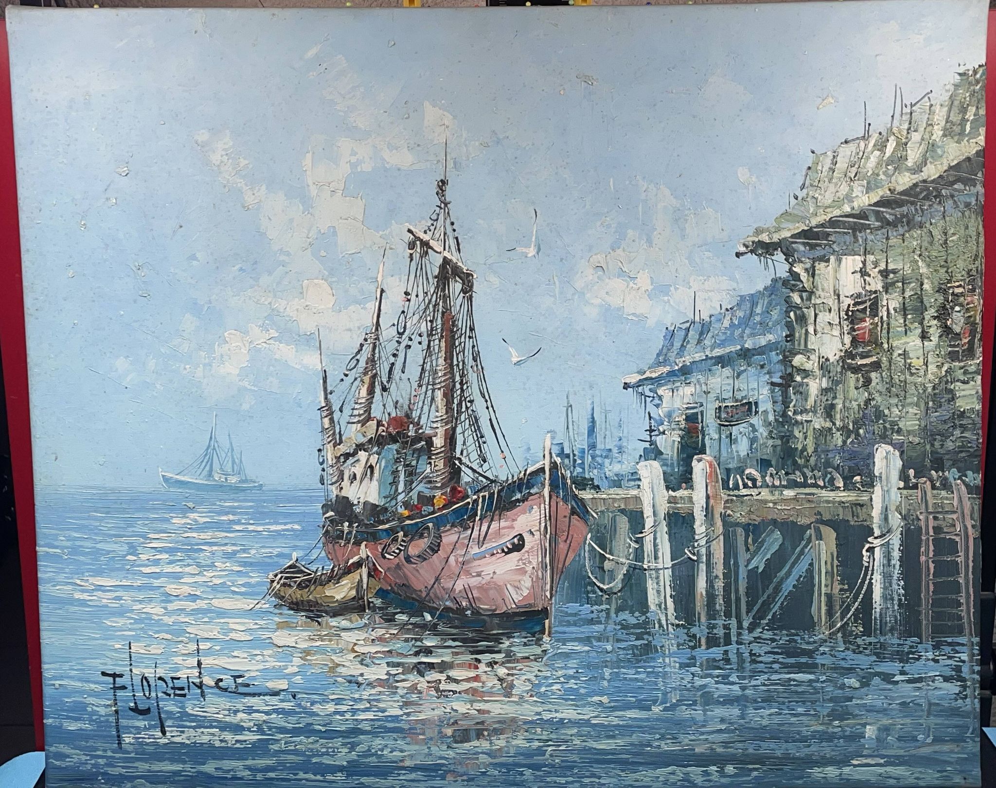 Painting Oil on canvas, Marine, Boat at the dock signed Florence