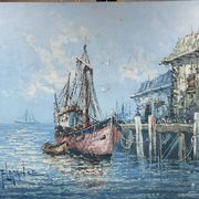 Painting Oil on canvas, Marine, Boat at the dock signed Florence