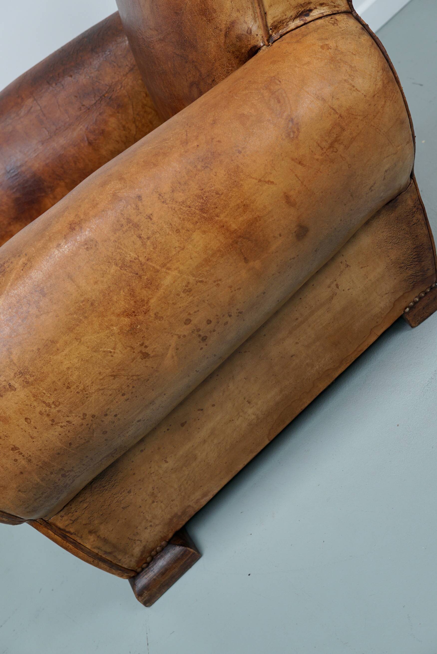 French moustache back cognac-colored leather club chair, 1940s