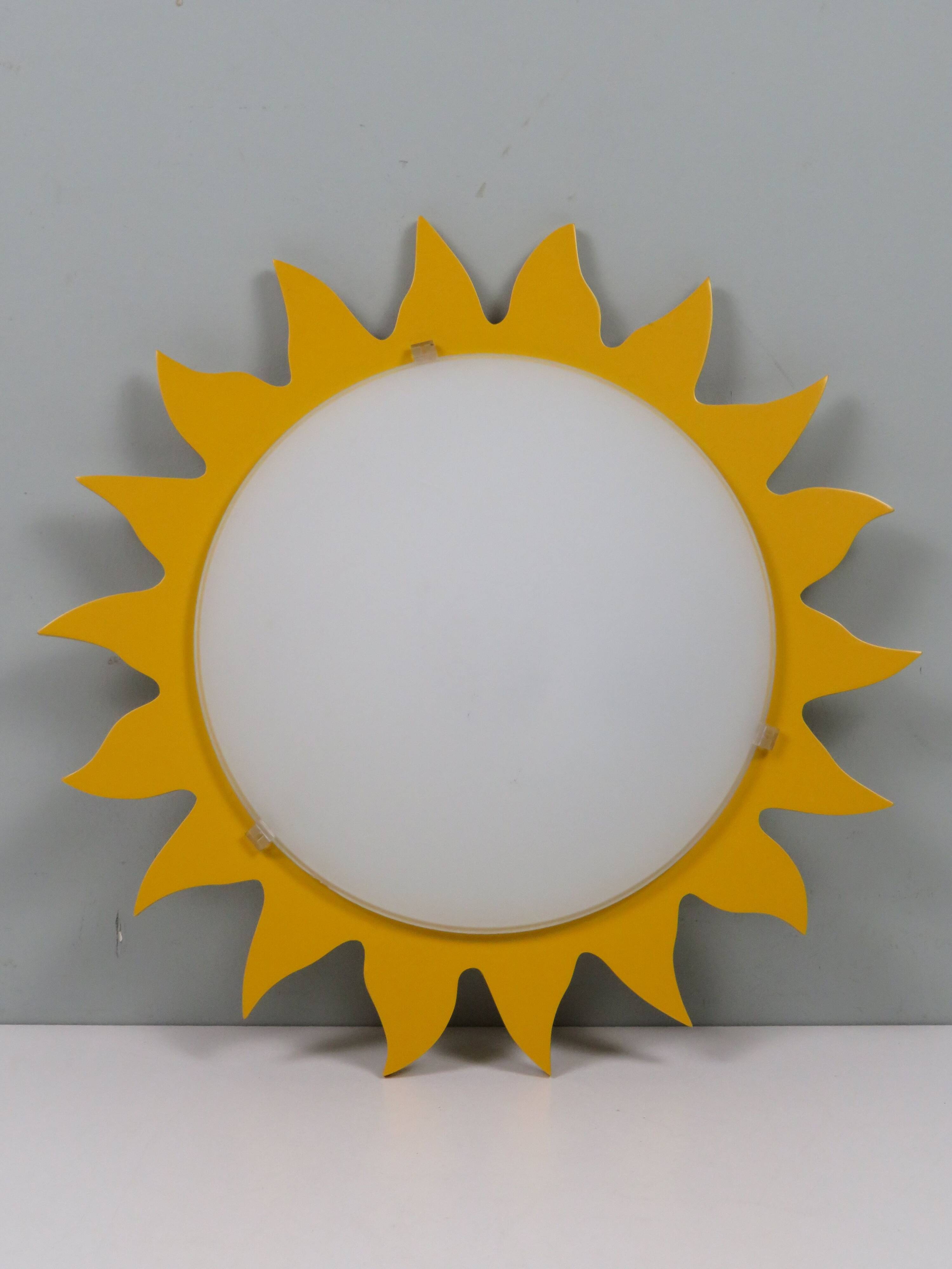 Vintage "sun" ceiling light Massive Belgium in opaline glass and lacquered wood.