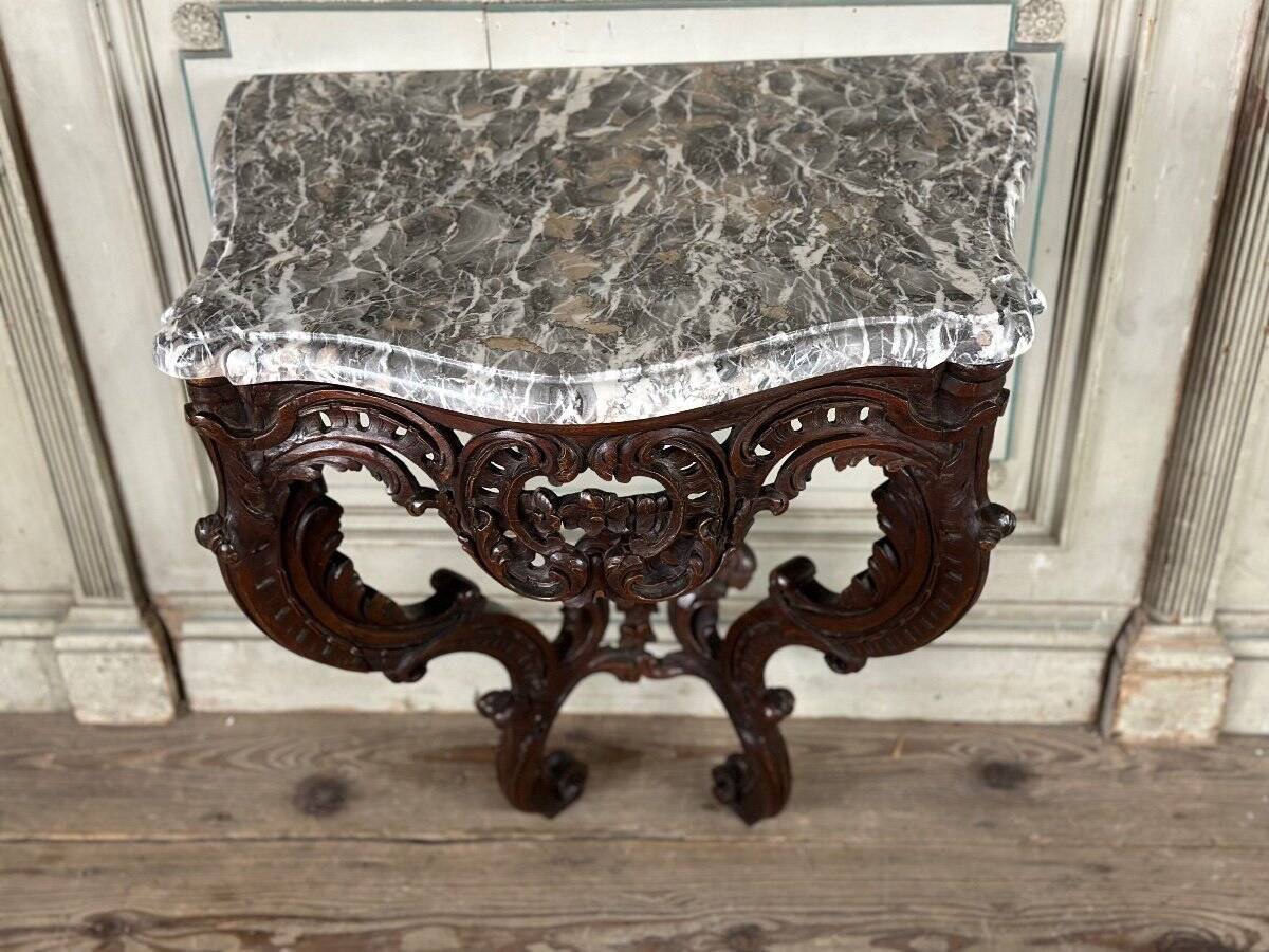 Louis XV style console in carved wood, grey Ardennes marble, 18th century