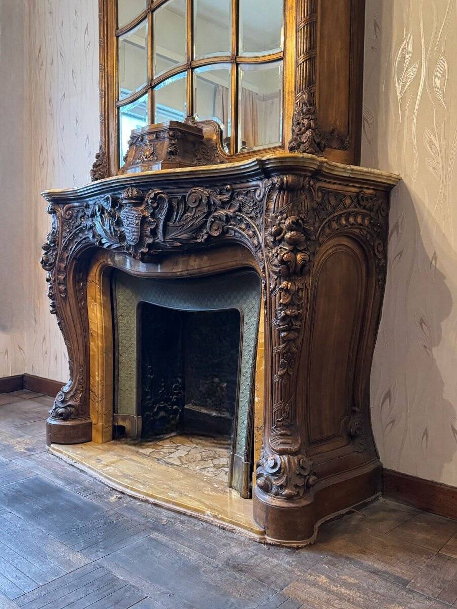 Impressive Fireplace And Its Trumeau In Carved Wood Underlined With Marble