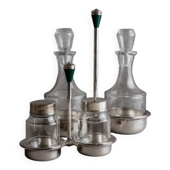 Silver-plated glass condiment set with green enamel accents, Vintage 1970s Italian mid-century design