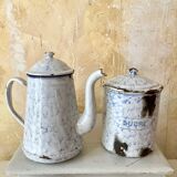 Spice jars and coffee maker in enameled sheet metal