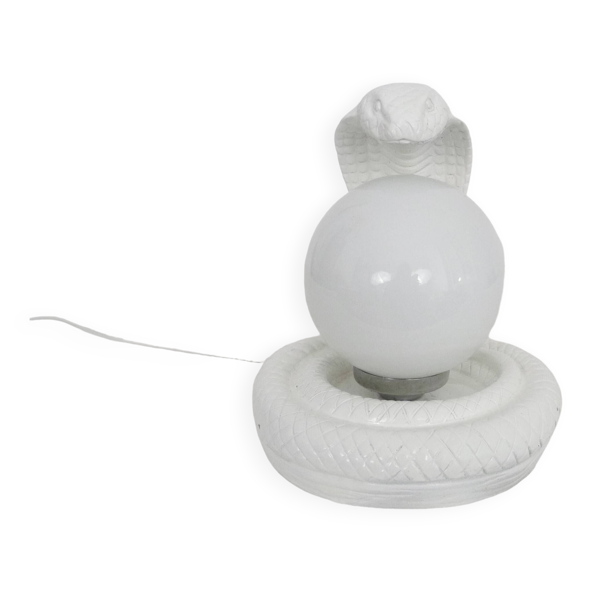 Vintage White Cobra Snake Lamp in Ceramic and opaline globe. 80 years