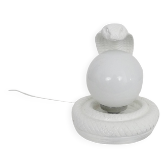 Vintage White Cobra Snake Lamp in Ceramic and opaline globe. 80 years