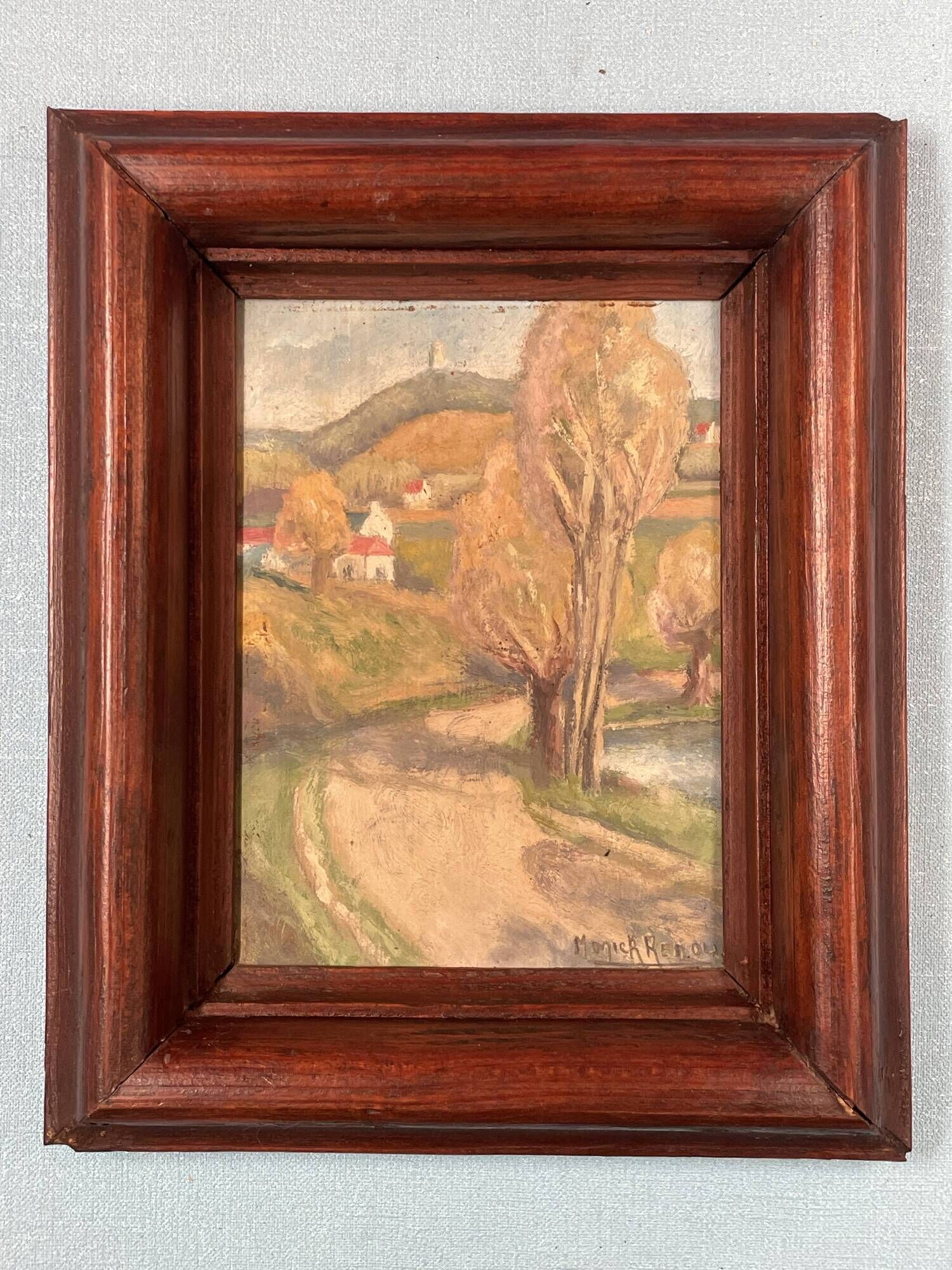 Small landscape painting on hardboard in molded natural wood frame, Monick Renou
