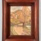 Small landscape painting on hardboard in molded natural wood frame, Monick Renou