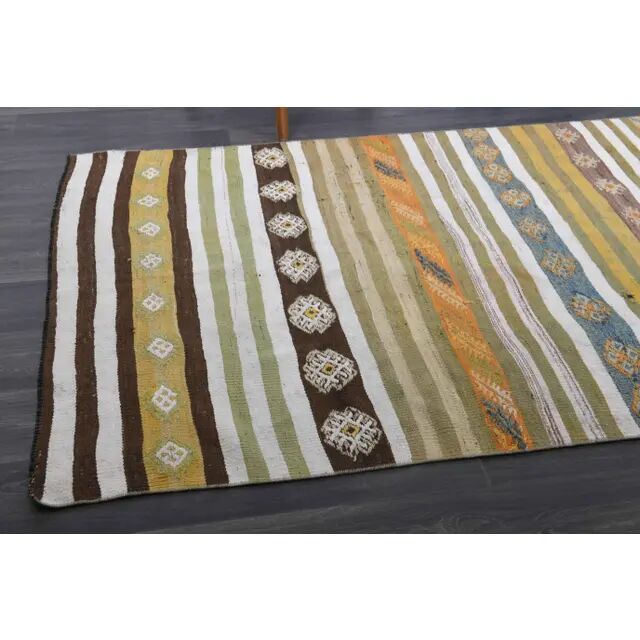 1970s Vintage Turkish Hand-Knotted Wool Cotton Green Runner Rug 139x323