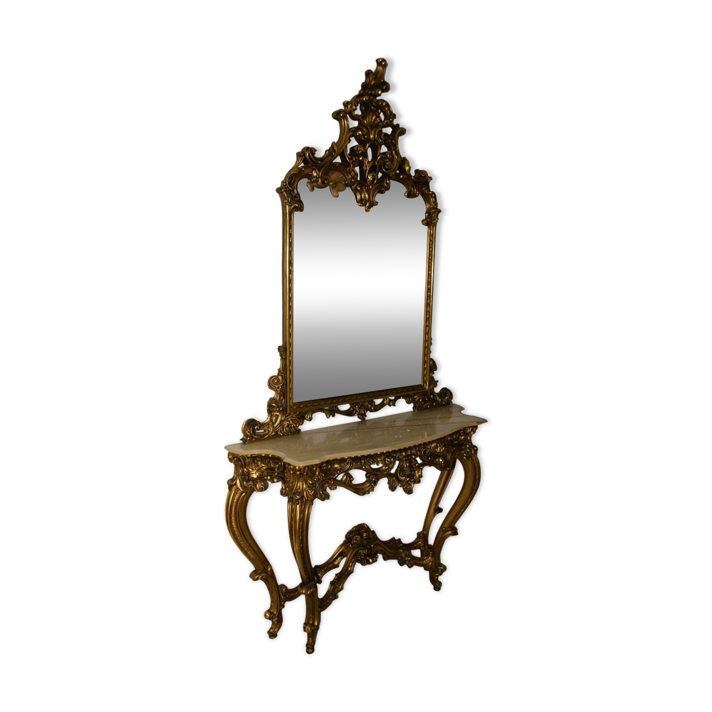 Mirror set with baroque style gilded wood console on marble top.