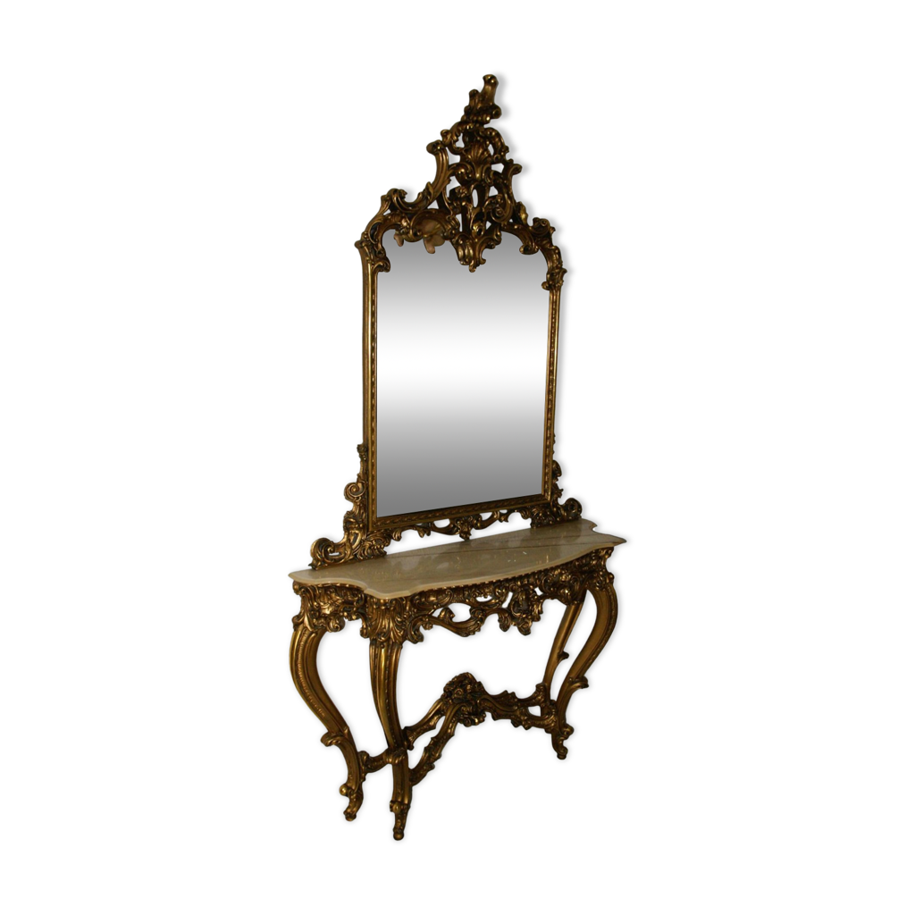 Set 2 Pièces Miroir Mural + Console Soleil Or Baroque - 42x42 Cm, Neuf