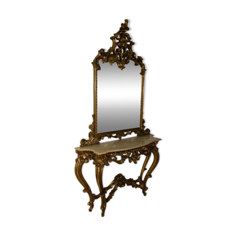 Mirror set with baroque style gilded wood console on marble top.