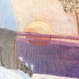 Vintage oil painting, rural winter landscape, 1960s