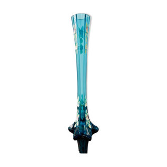Vase turquoise soliflore cristal de boheme  avec motifs de fleurs émaillées