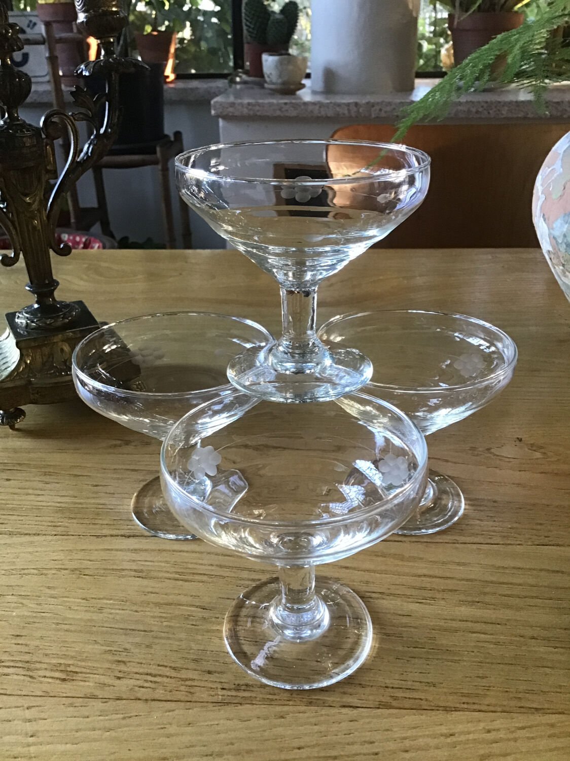 4 antique champagne glasses engraved