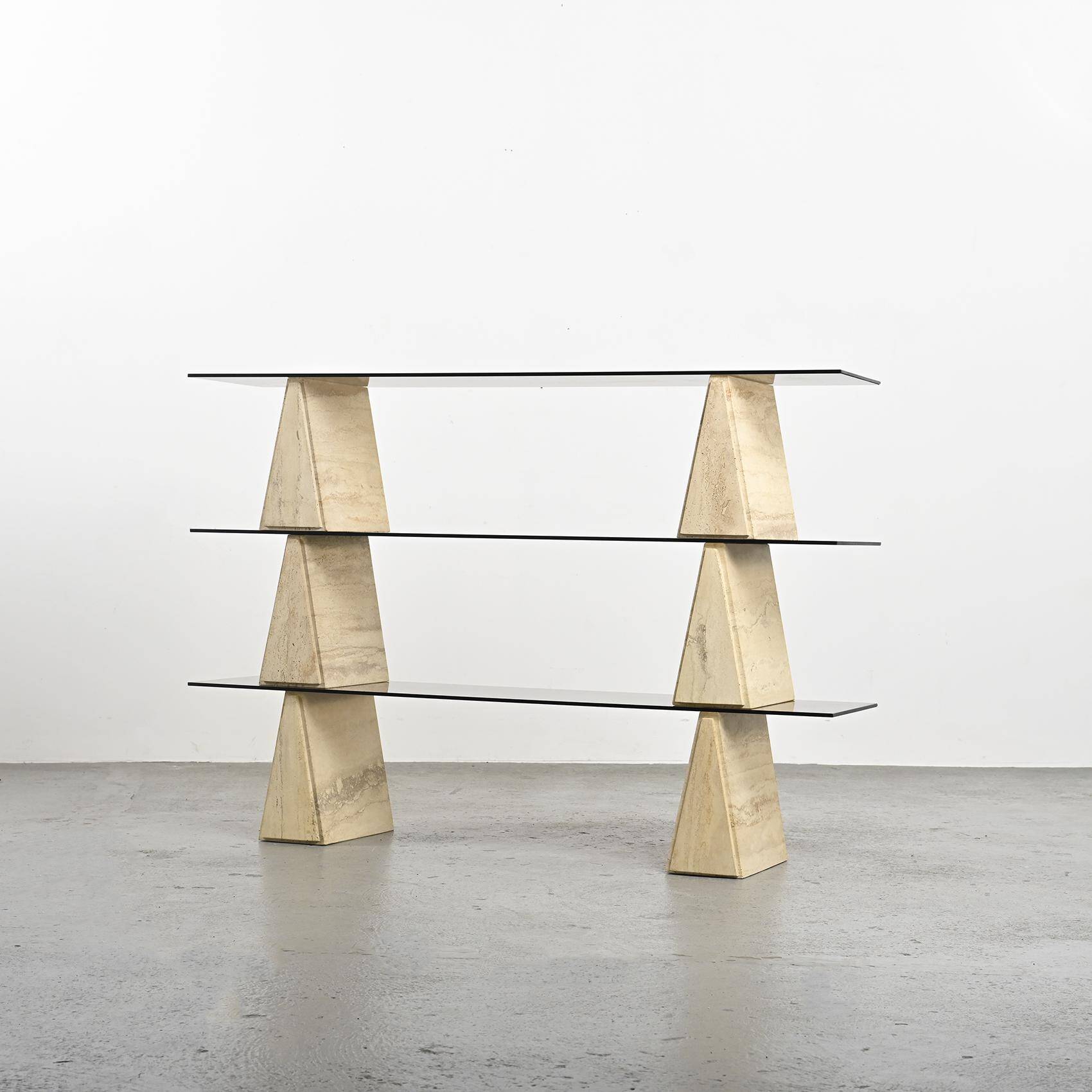 Travertine and smoked glass bookcase, Italy, circa 1970