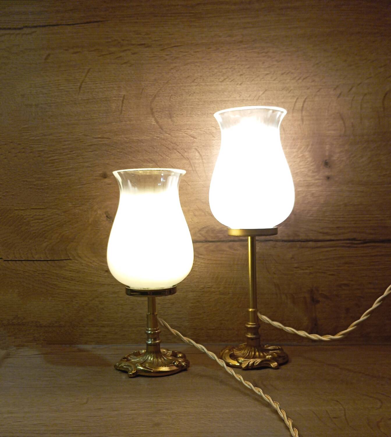 Duo art deco bedside lamps bronze and white glass tulip