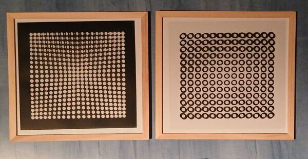 Duo de tableaux Art optique vintage d'après Vasarely, cadres en bois
