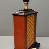 Lamp Le Dauphin black ceramic glazed, wicker canelé, imitation leather havana ~ 70's