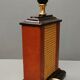 Lamp Le Dauphin black ceramic glazed, wicker canelé, imitation leather havana ~ 70's