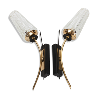 Pair of vintage 1950s glass brass and steel wall sconces