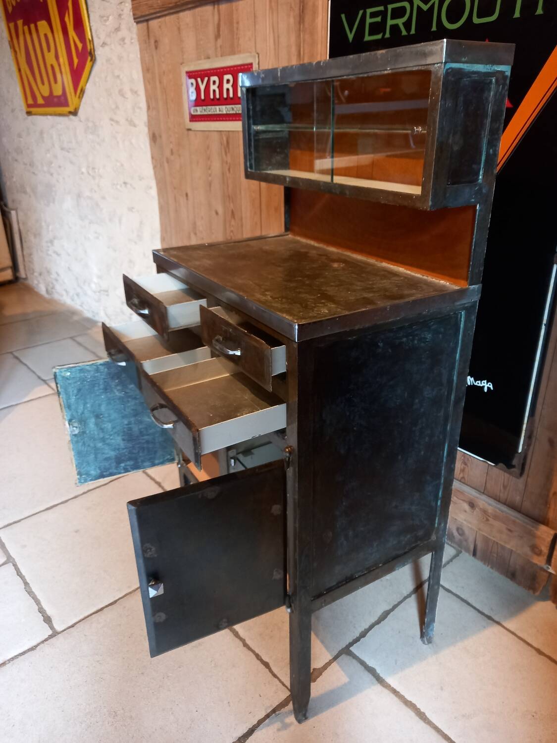 Antique metal medical cabinet