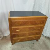 Jolie commode de 4 tiroirs pieds compas plaquage chene