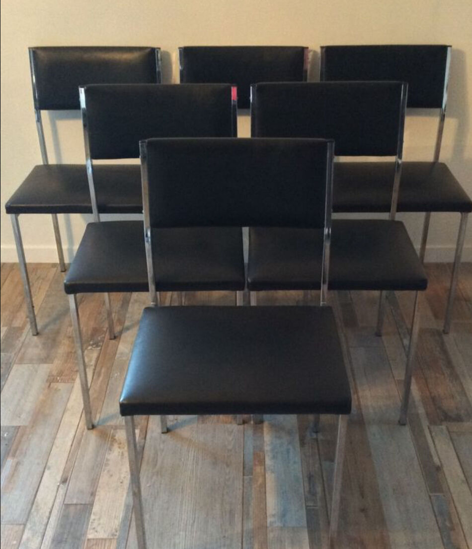 Set de 6 chaises vintage 70 piétement chrome assise Skaï noir