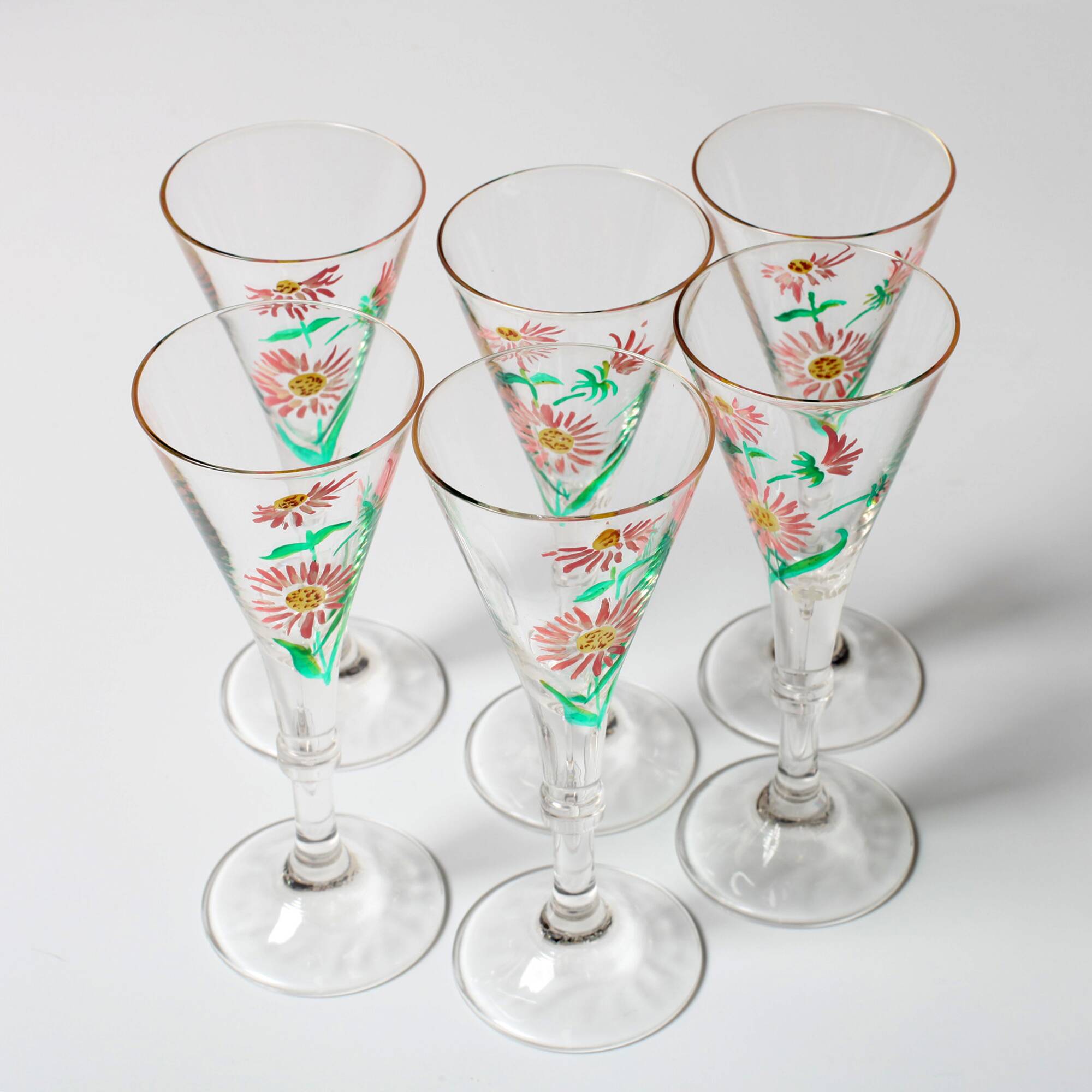 Set of 6 Mid-century Rare Floral Design Champagne Flutes / Italy / 1960s