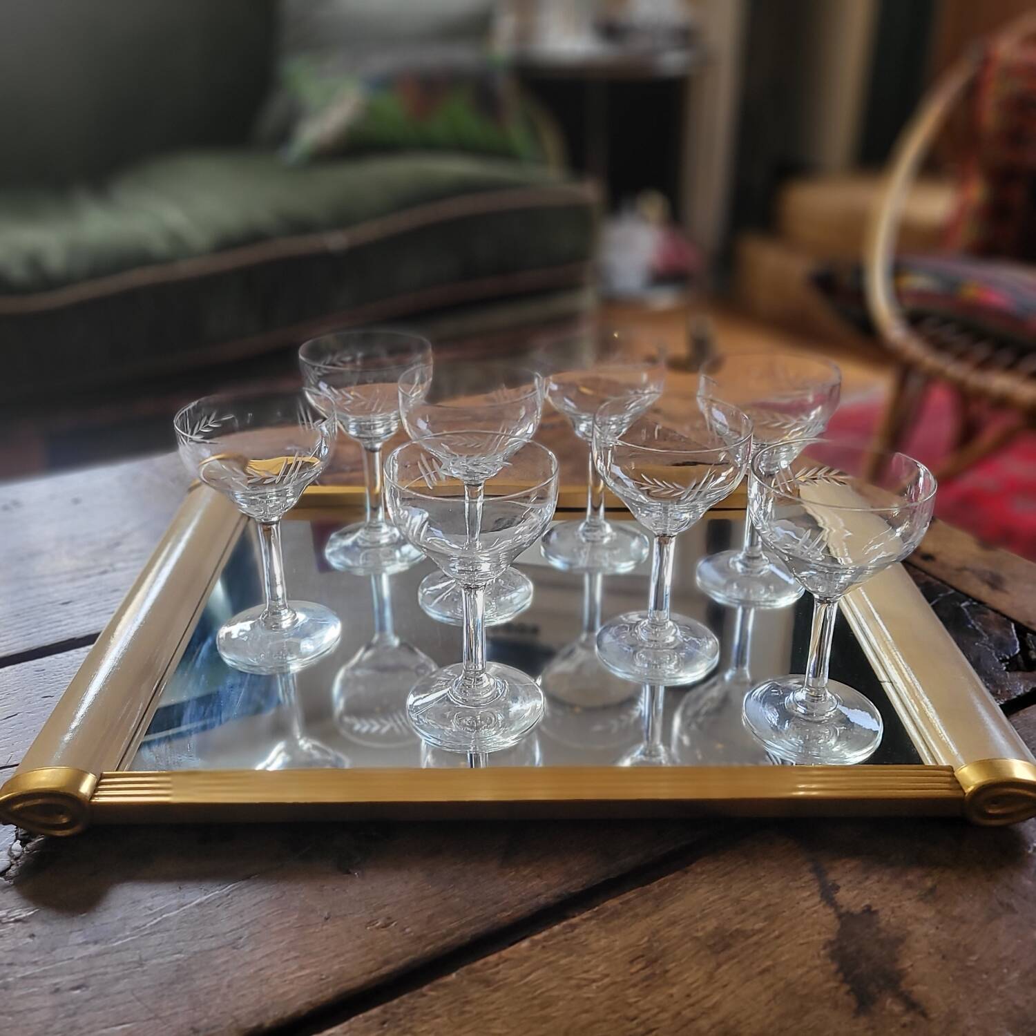 8 vintage stemmed glasses, French glassware, 1950s.