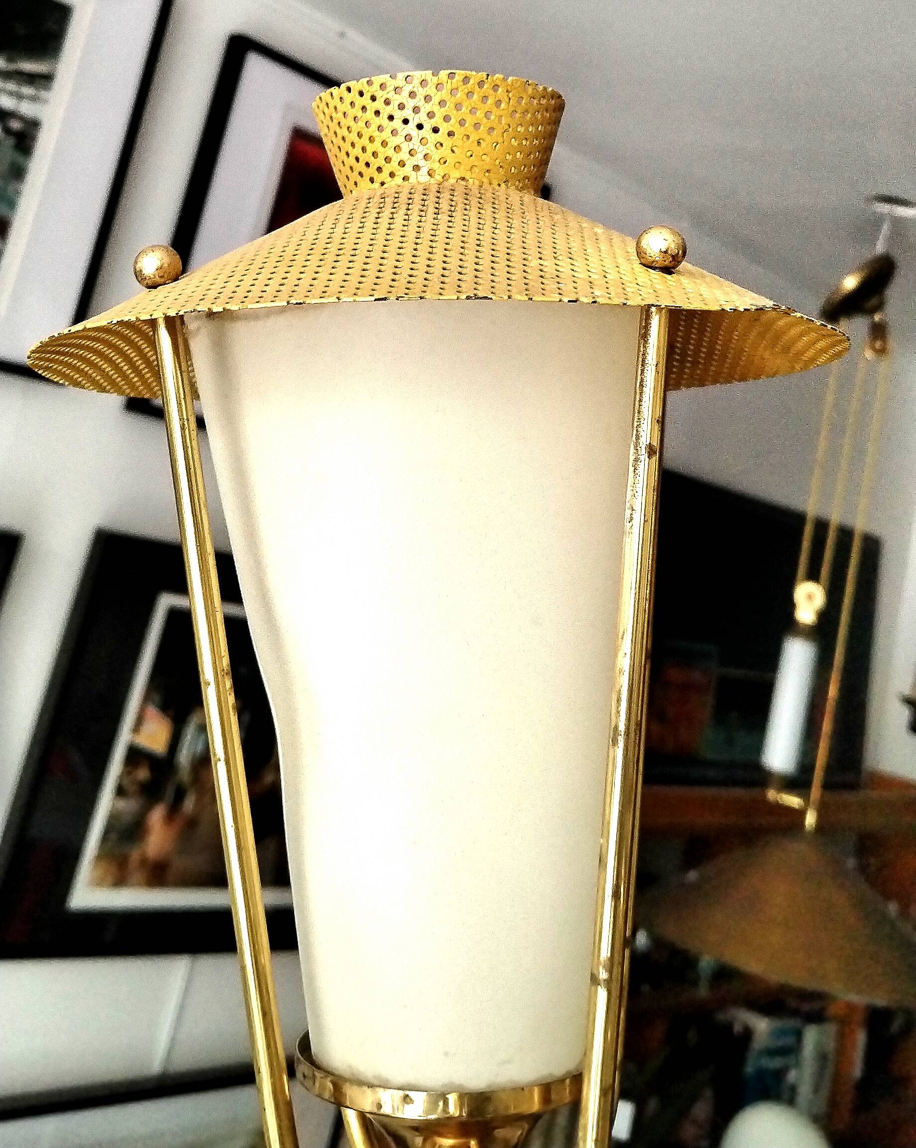 Three-arm pendant light in gilded brass and perforated metal by Maison Arlus Vintage from the 50s