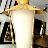 Three-arm pendant light in gilded brass and perforated metal by Maison Arlus Vintage from the 50s