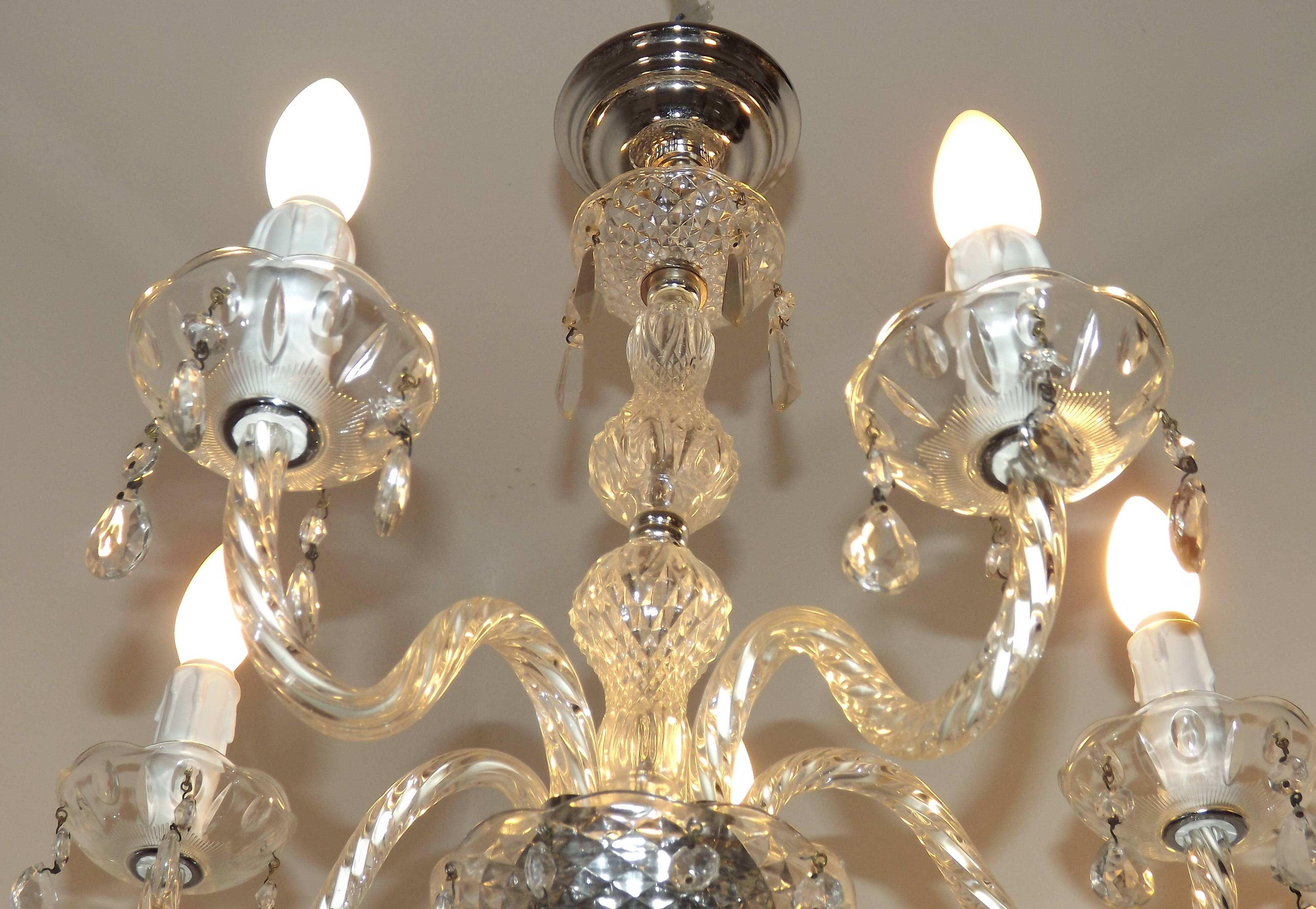 French Vintage  5 Light Barley Twist Glass and Crystal Chandelier