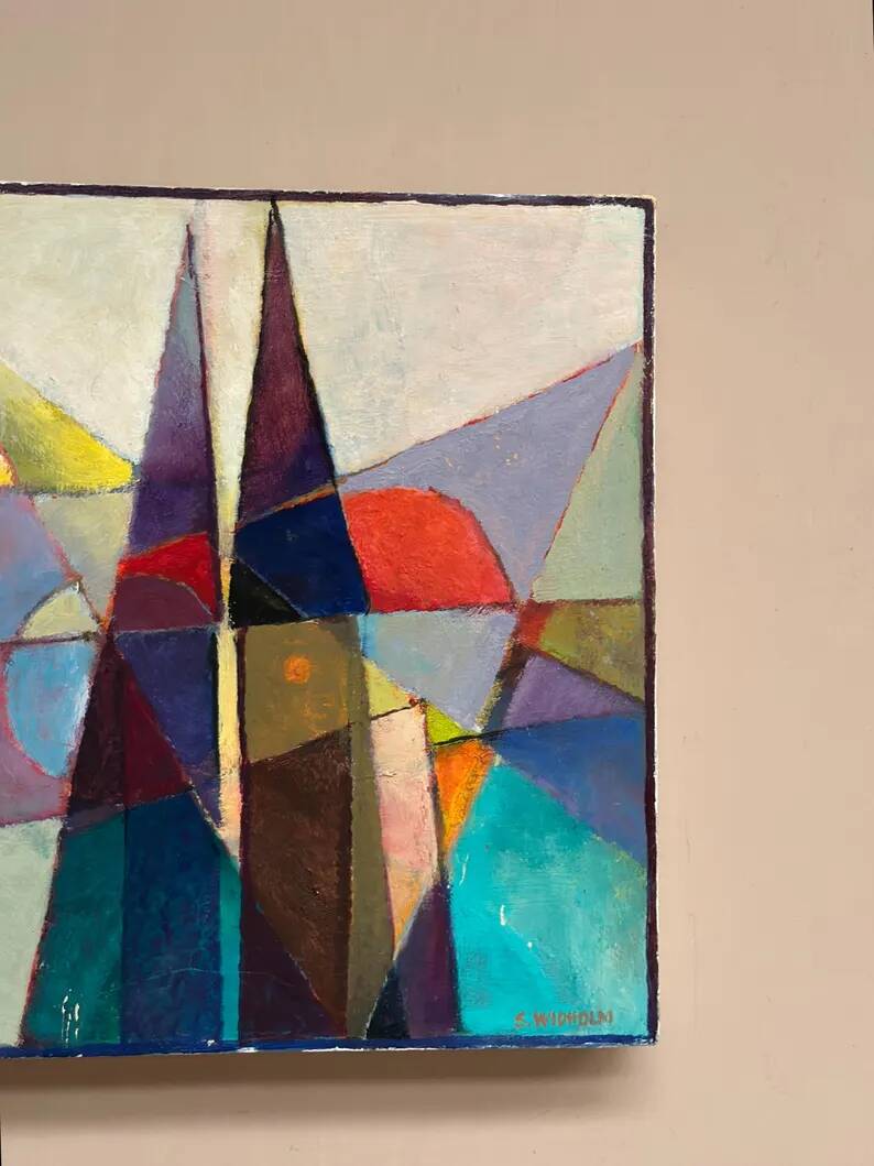 Oil on Swedish panel – 'Geometric Composition' by Stellan Widholm – Signed – vintage and framed – 35 × 32 × 5 cm