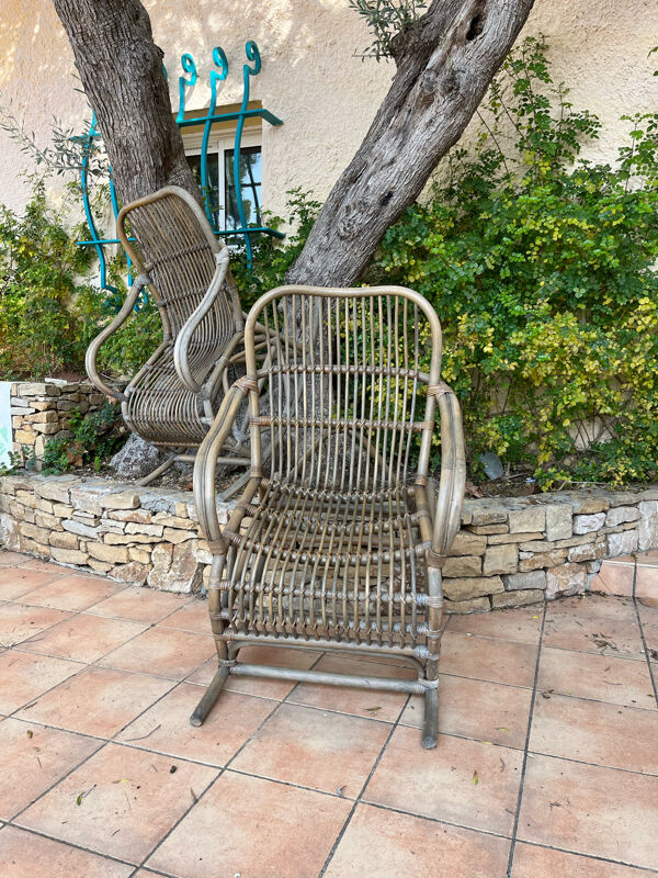 Paire de rocking-chairs en rotin années 70