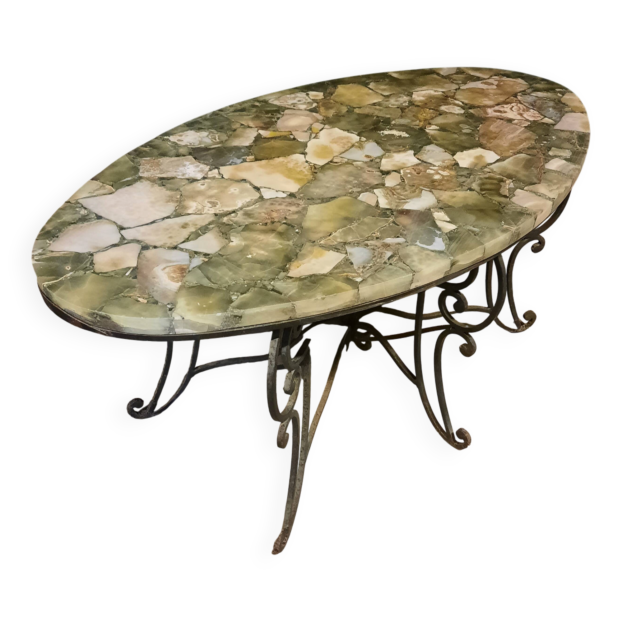 Table basse vintage en aragonite de Madagascar et fer forgé