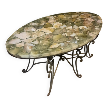Table basse vintage en aragonite de Madagascar et fer forgé