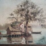 Tableau ancien à l'huile représentant un paysage