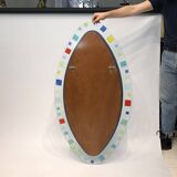 Grand miroir ovale en verre de Murano vintage des années 1970 bleu rouge jaune