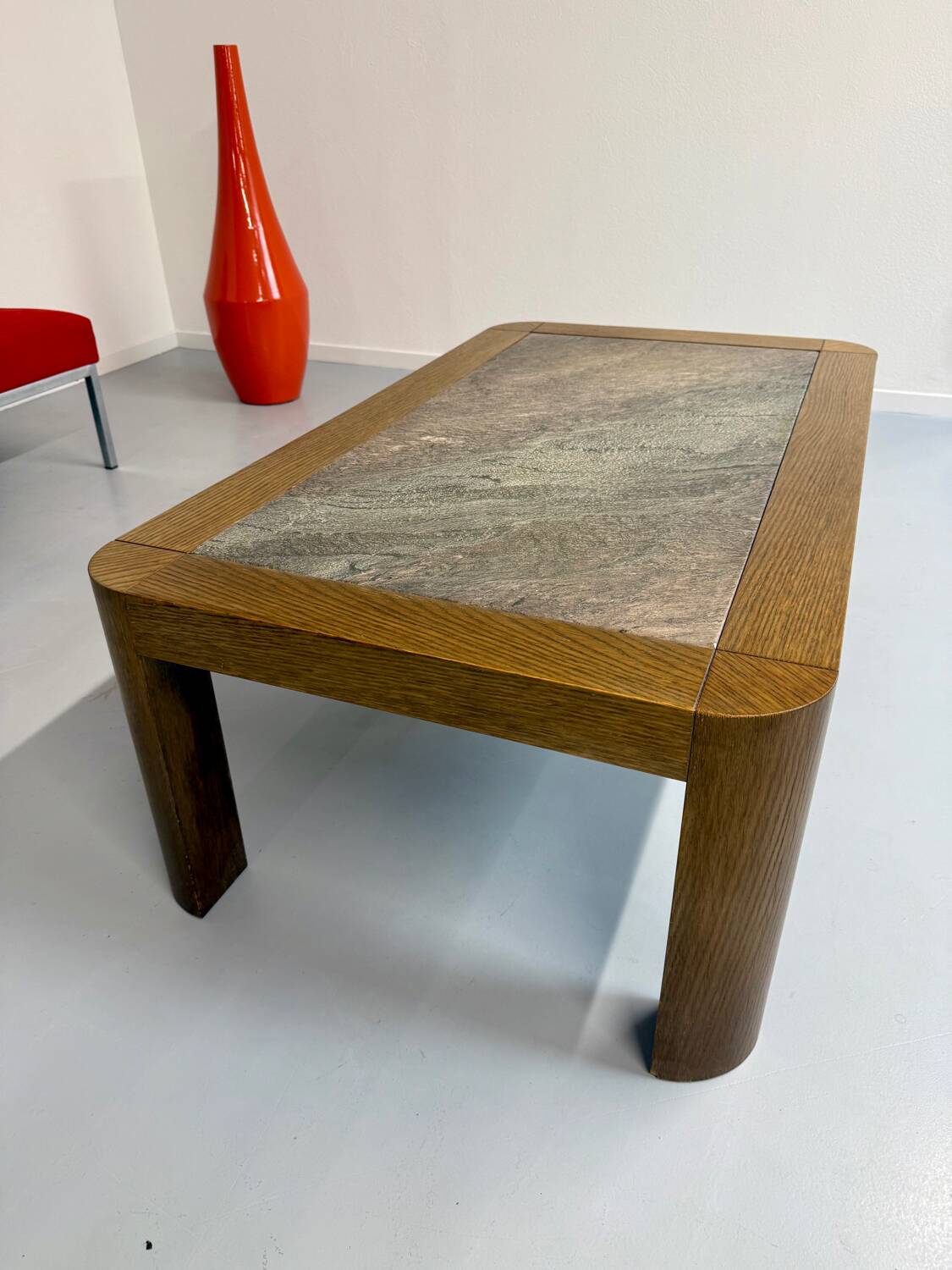 Old coffee table in wood and granite stone, vintage design from the 70s