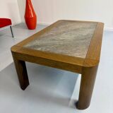 Old coffee table in wood and granite stone, vintage design from the 70s