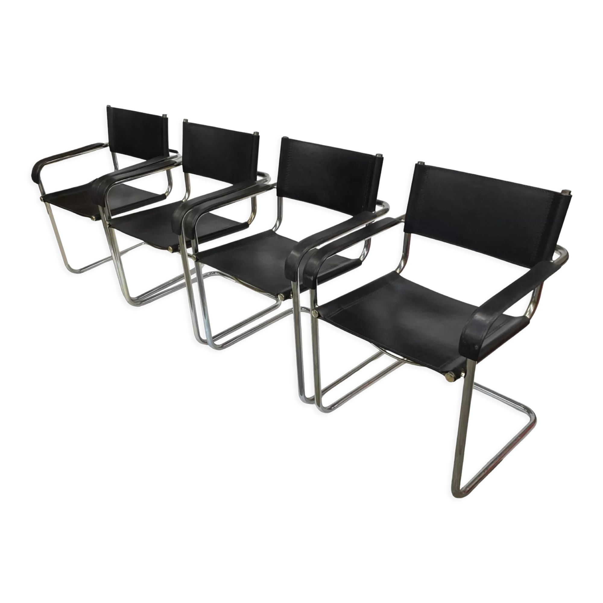 Set of 4 bauhaus cantilever chairs black leather and chrome design