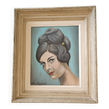 Tableau peinture à l'huile portrait femme 1960