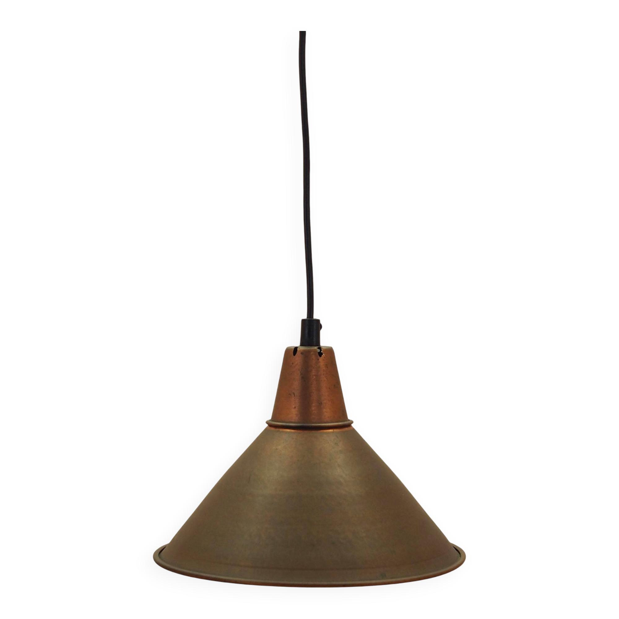 Danish Brass Pendant Lamp, Industrial Cone Shade, 1960s