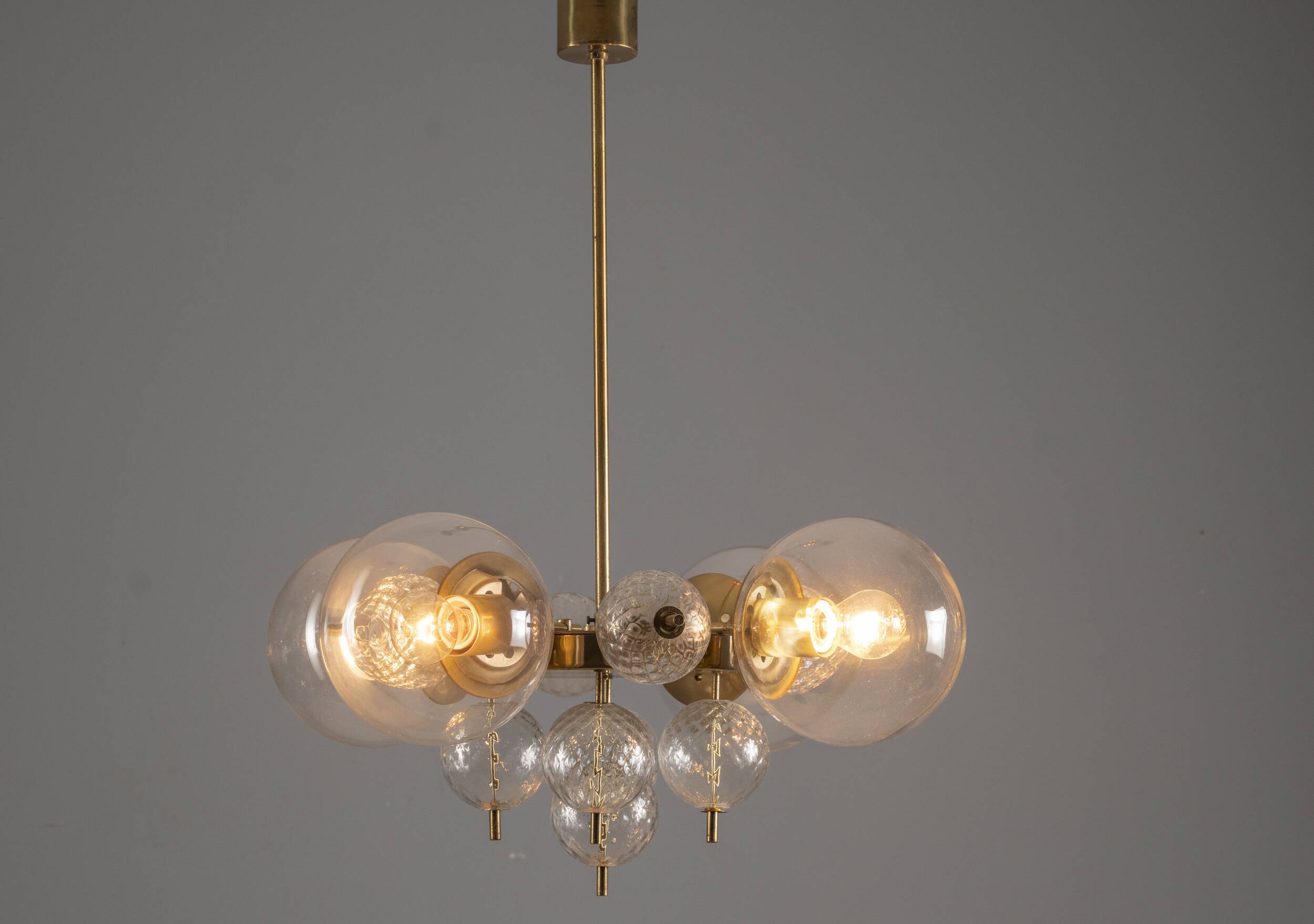 Glass and brass chandelier, Jaroslav Bejvl, 1970s, Czechoslovakia