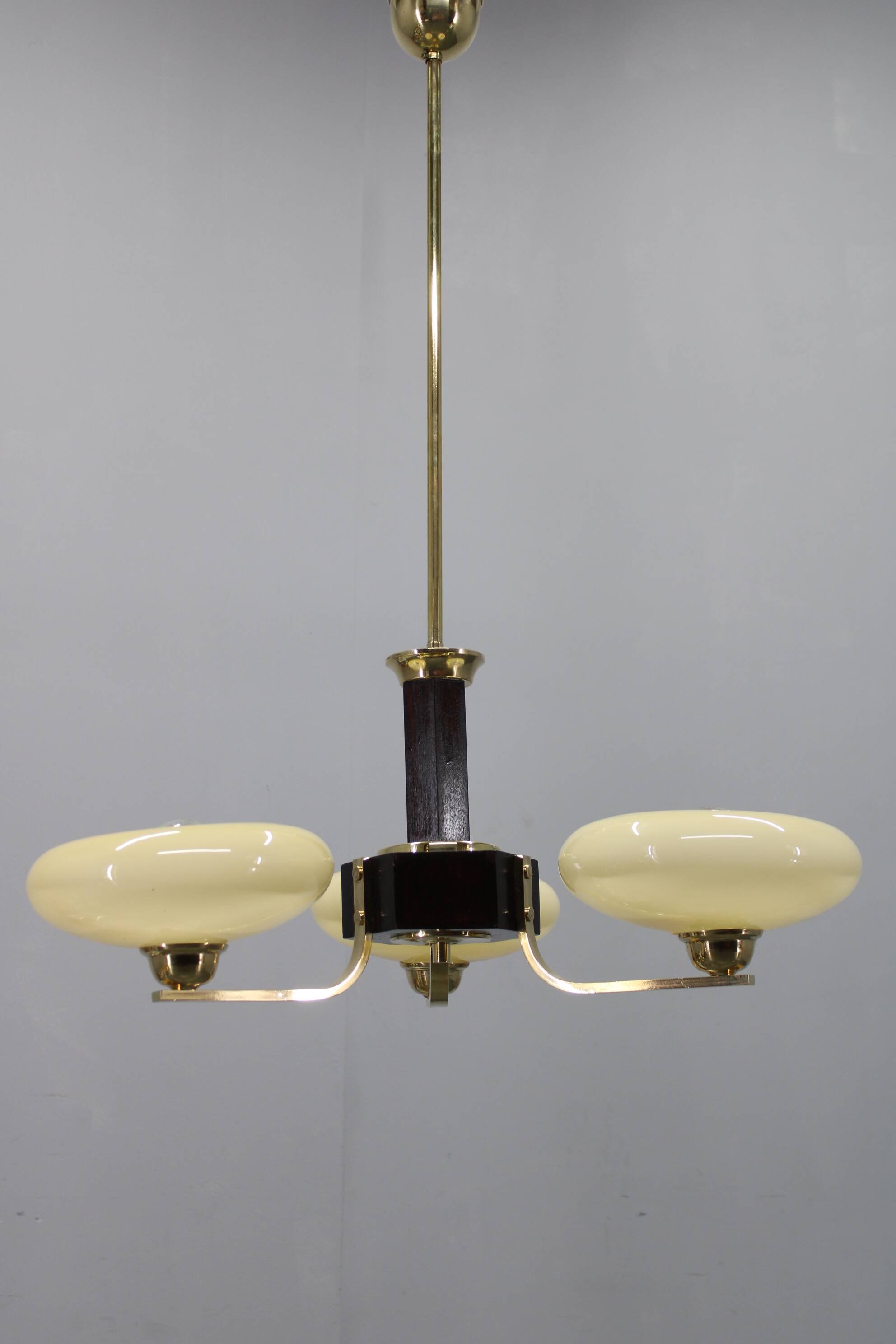 Art Deco brass and wood chandelier with champagne glass, Czechoslovakia 1930s