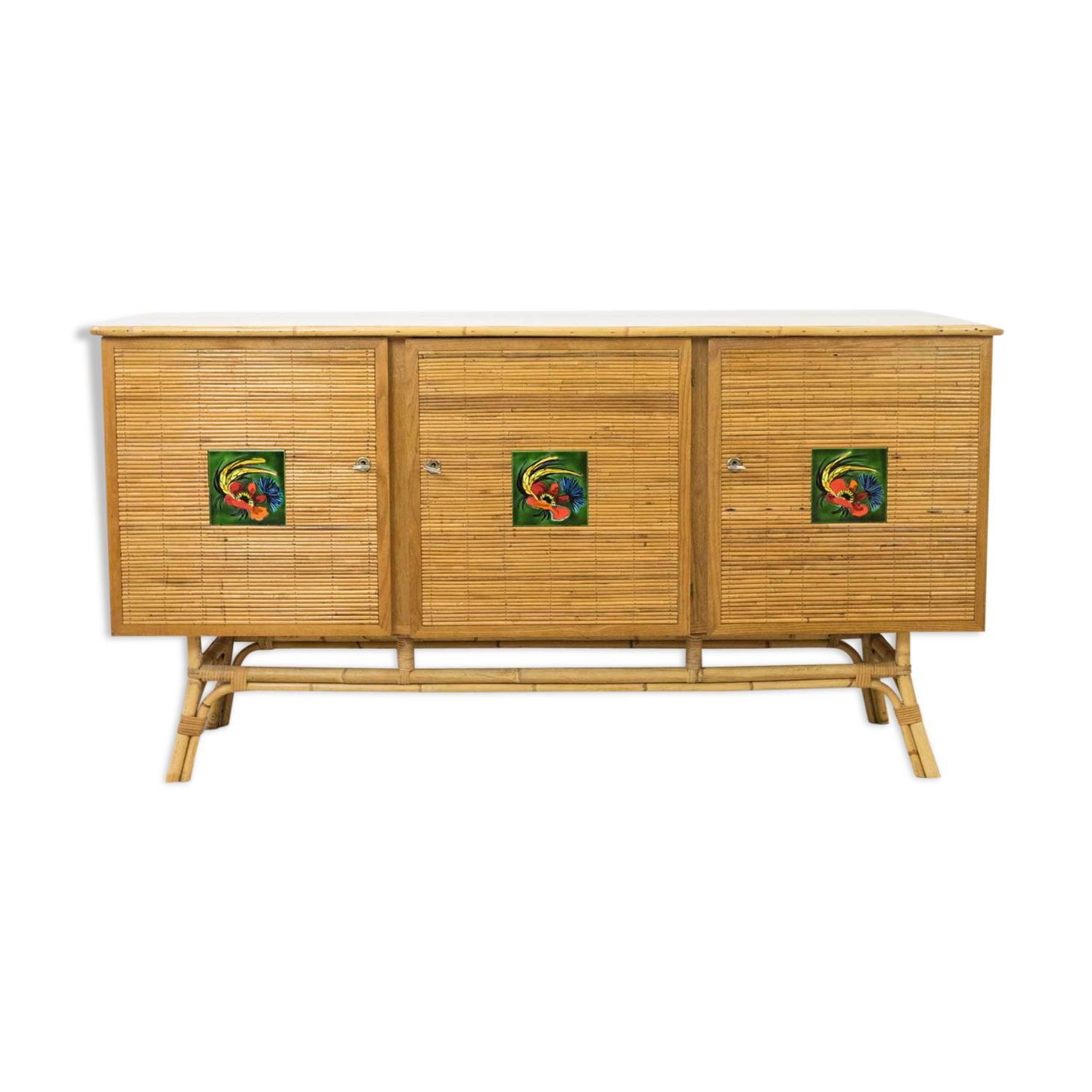 Rattan sideboard, Vallauris tiles, 1950s