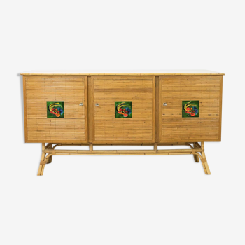 Rattan sideboard, Vallauris tiles, 1950s