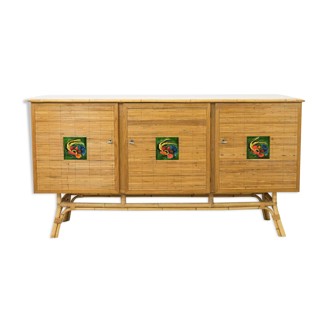 Rattan sideboard, Vallauris tiles, 1950s